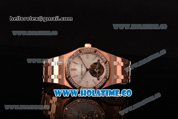 Audemars Piguet Royal Oak 41MM Swiss Tourbillon Manual Winding Full Rose Gold with White Dial Diamonds Bezel and Stick Markers (FT) - Click Image to Close